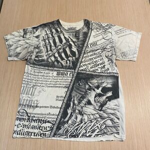MMA Elite Mens Large Graphic T-Shirt White Black Skull Skeleton Gothic Script L